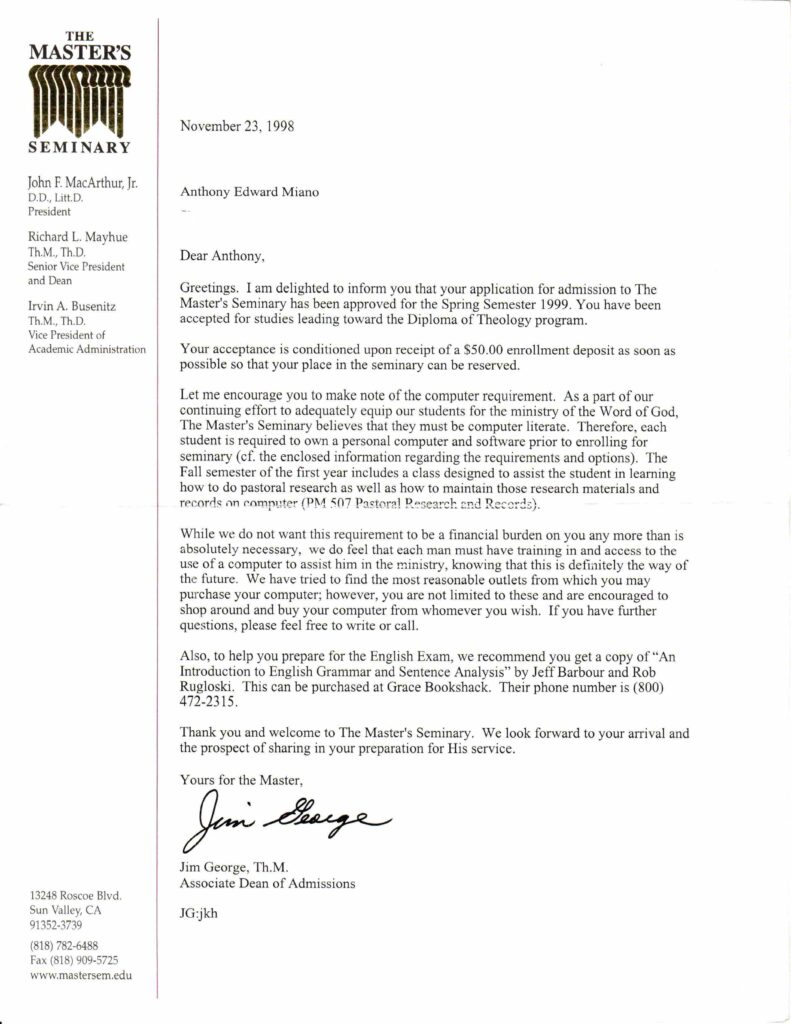 The Master's Seminary Acceptance Letter